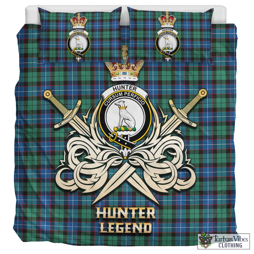 Tartan Vibes Clothing Hunter Ancient Tartan Bedding Set with Clan Crest and the Golden Sword of Courageous Legacy