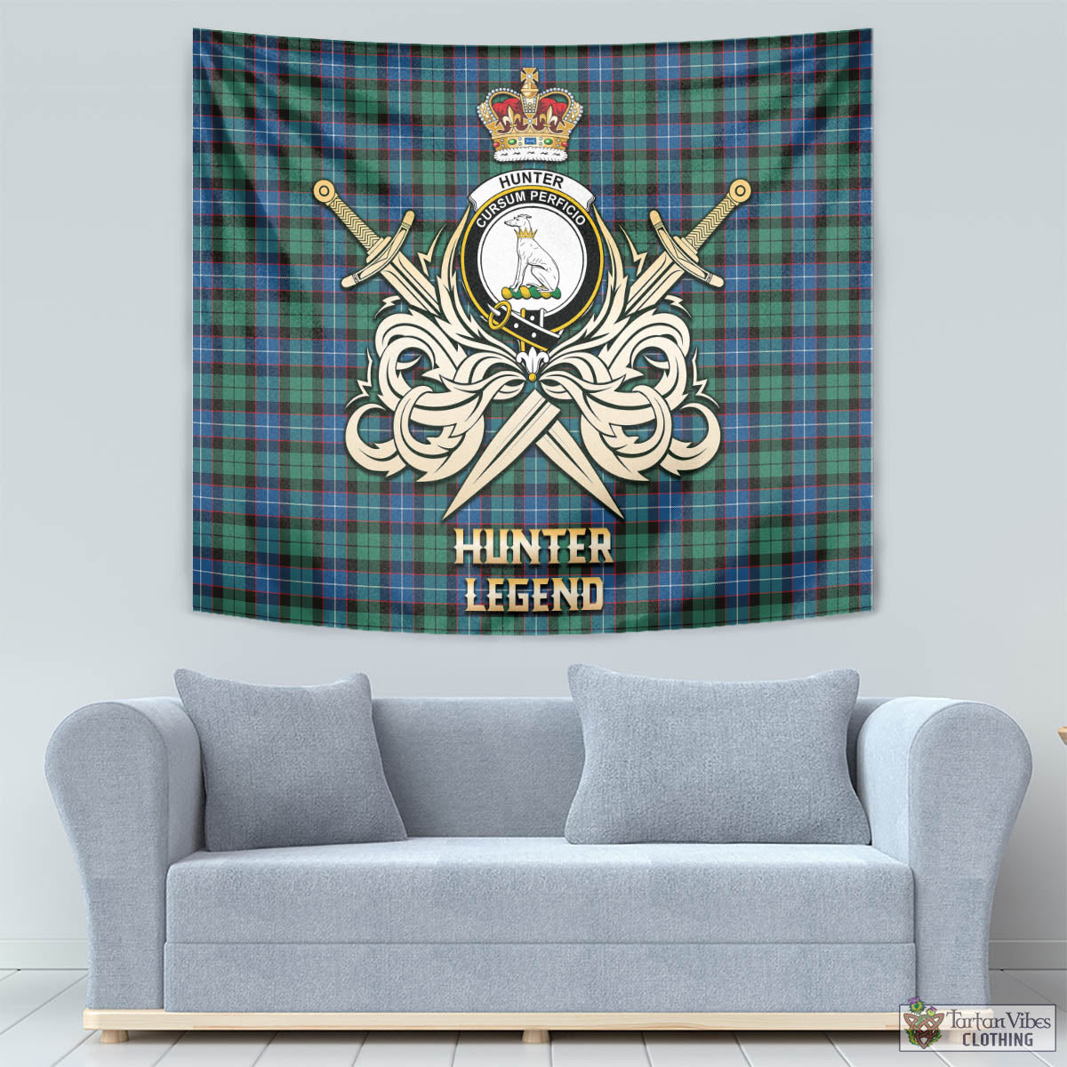 Tartan Vibes Clothing Hunter Ancient Tartan Tapestry with Clan Crest and the Golden Sword of Courageous Legacy