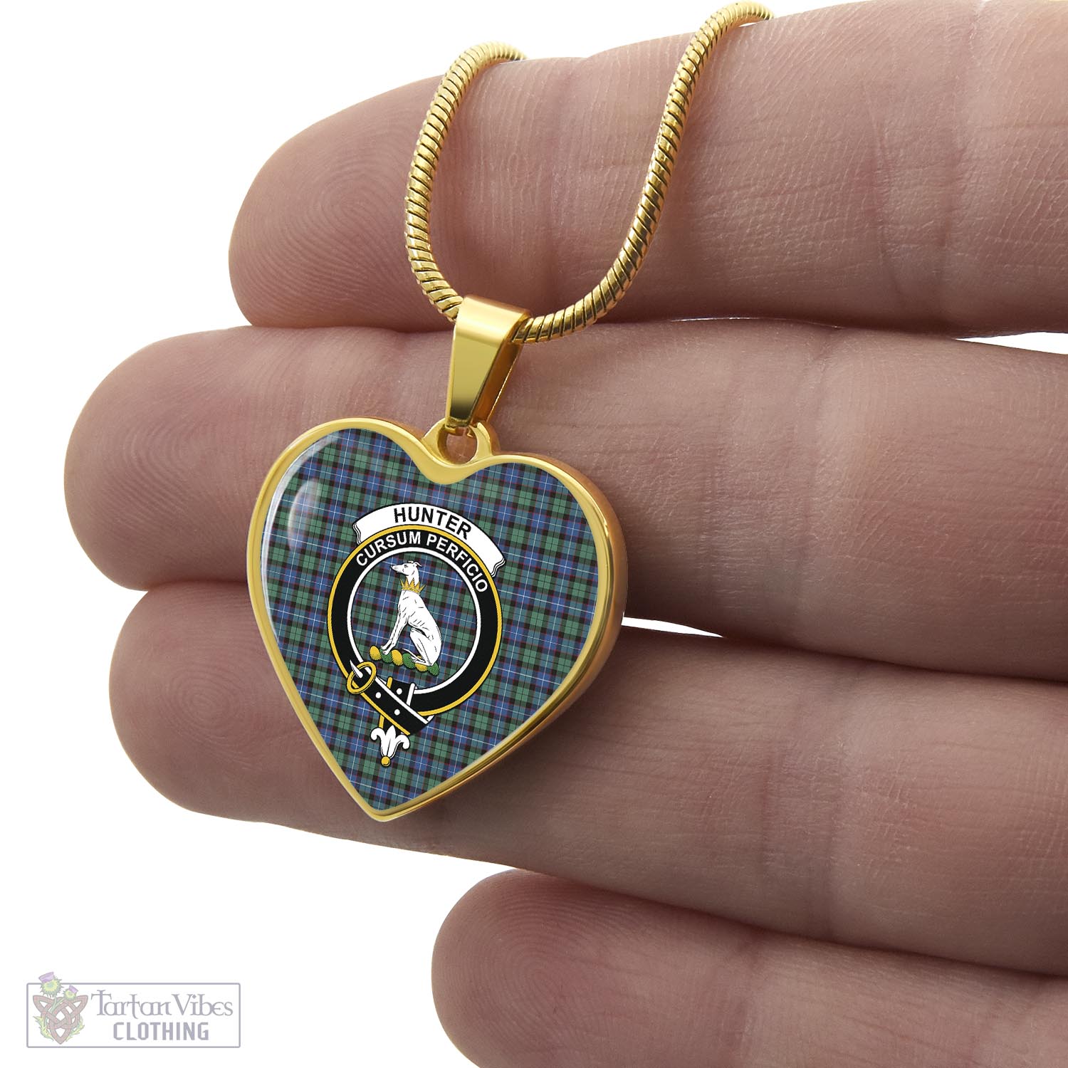 Tartan Vibes Clothing Hunter Ancient Tartan Heart Necklace with Family Crest