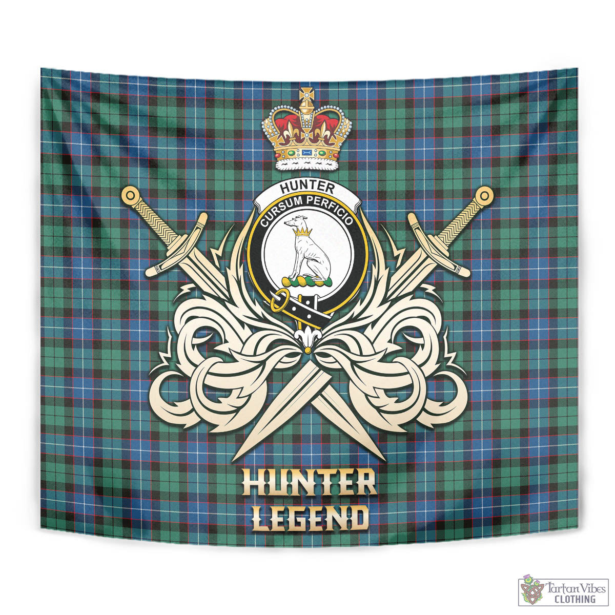 Tartan Vibes Clothing Hunter Ancient Tartan Tapestry with Clan Crest and the Golden Sword of Courageous Legacy