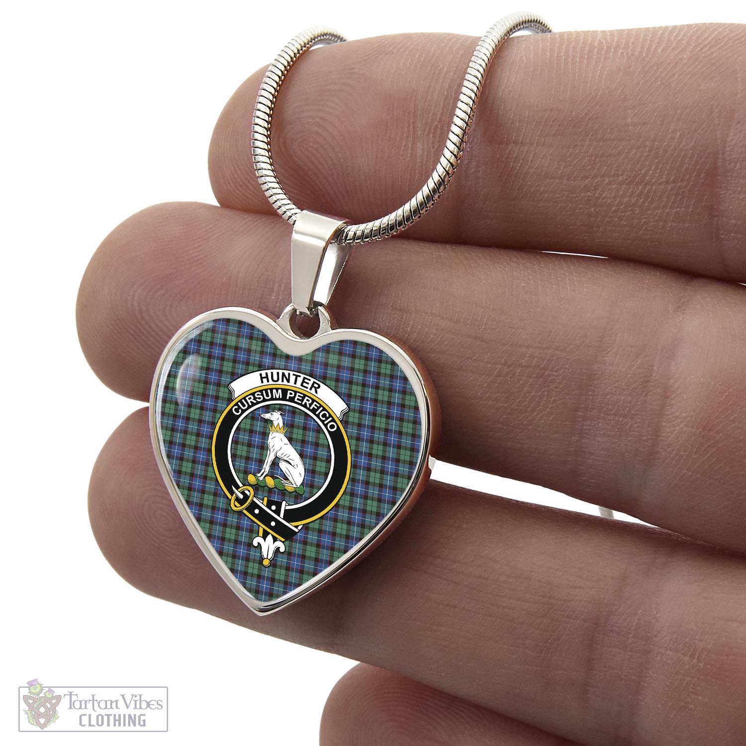 Tartan Vibes Clothing Hunter Ancient Tartan Heart Necklace with Family Crest