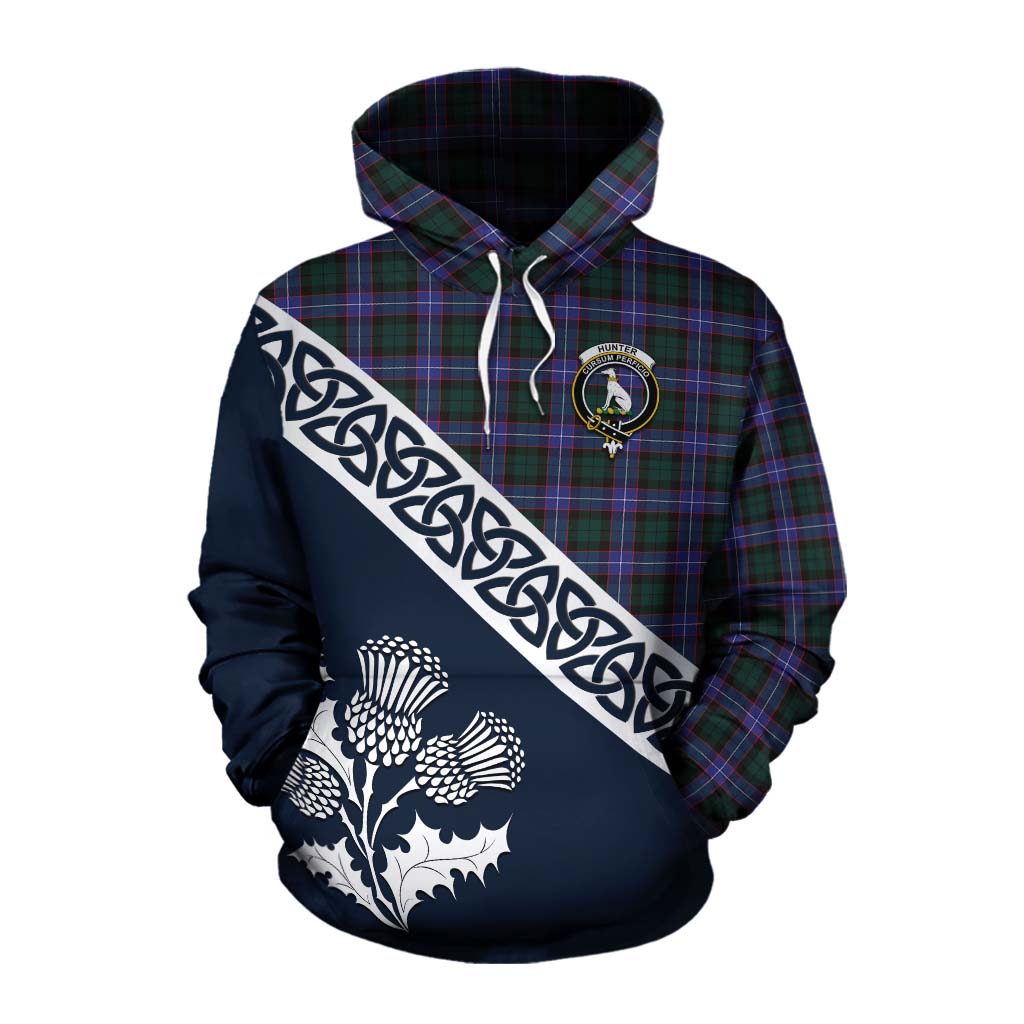 Tartan Vibes Clothing Hunter (Hunterston) Tartan Cotton Hoodie Featuring Thistle and Scotland Map