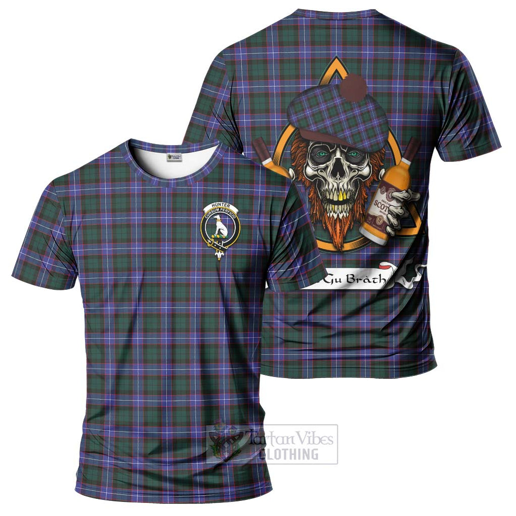 Tartan Vibes Clothing Hunter (Hunterston) Tartan T-Shirt with Family Crest and Bearded Skull Holding Bottles of Whiskey