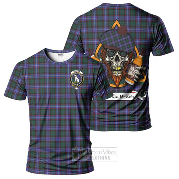 Hunter (Hunterston) Tartan T-Shirt with Family Crest and Bearded Skull Holding Bottles of Whiskey