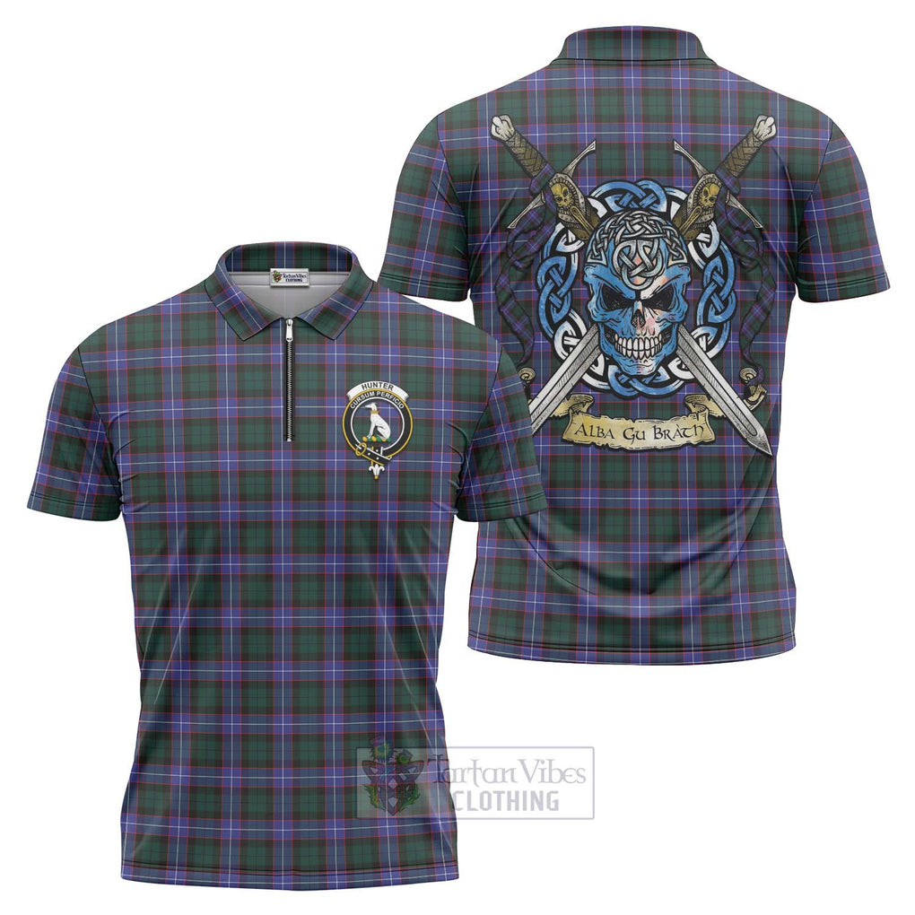 Tartan Vibes Clothing Hunter (Hunterston) Tartan Zipper Polo Shirt with Family Crest Celtic Skull Style