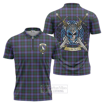 Hunter (Hunterston) Tartan Zipper Polo Shirt with Family Crest Celtic Skull Style