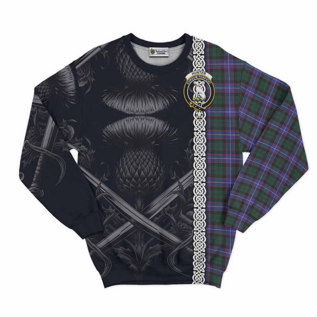 Tartan Vibes Clothing Hunter (Hunterston) Tartan Sweatshirt with Family Crest Cross Sword Thistle Celtic Vibes