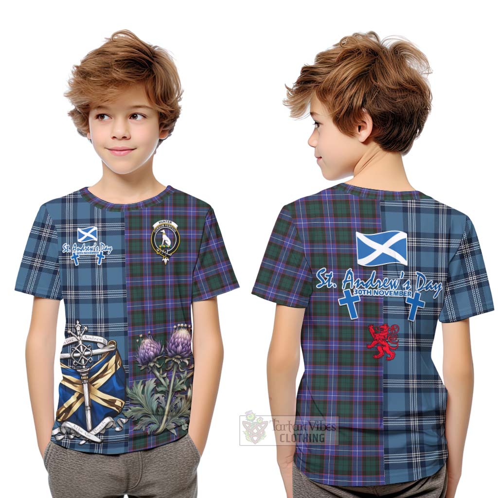 Tartan Vibes Clothing Hunter (Hunterston) Tartan Kid T-Shirt Happy St. Andrew's Day Half Tartan Style