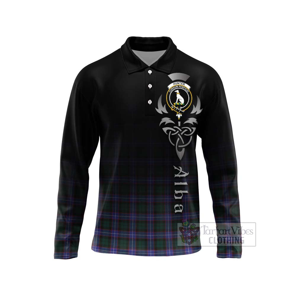 Tartan Vibes Clothing Hunter (Hunterston) Tartan Long Sleeve Polo Shirt Featuring Alba Gu Brath Family Crest Celtic Inspired