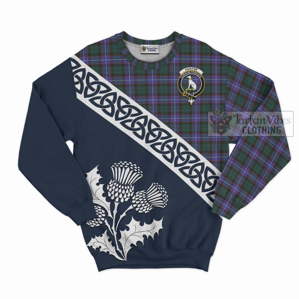 Tartan Vibes Clothing Hunter (Hunterston) Tartan Sweatshirt Featuring Thistle and Scotland Map