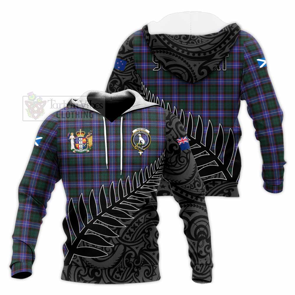 Tartan Vibes Clothing Hunter (Hunterston) Crest Tartan Knitted Hoodie with New Zealand Silver Fern Half Style