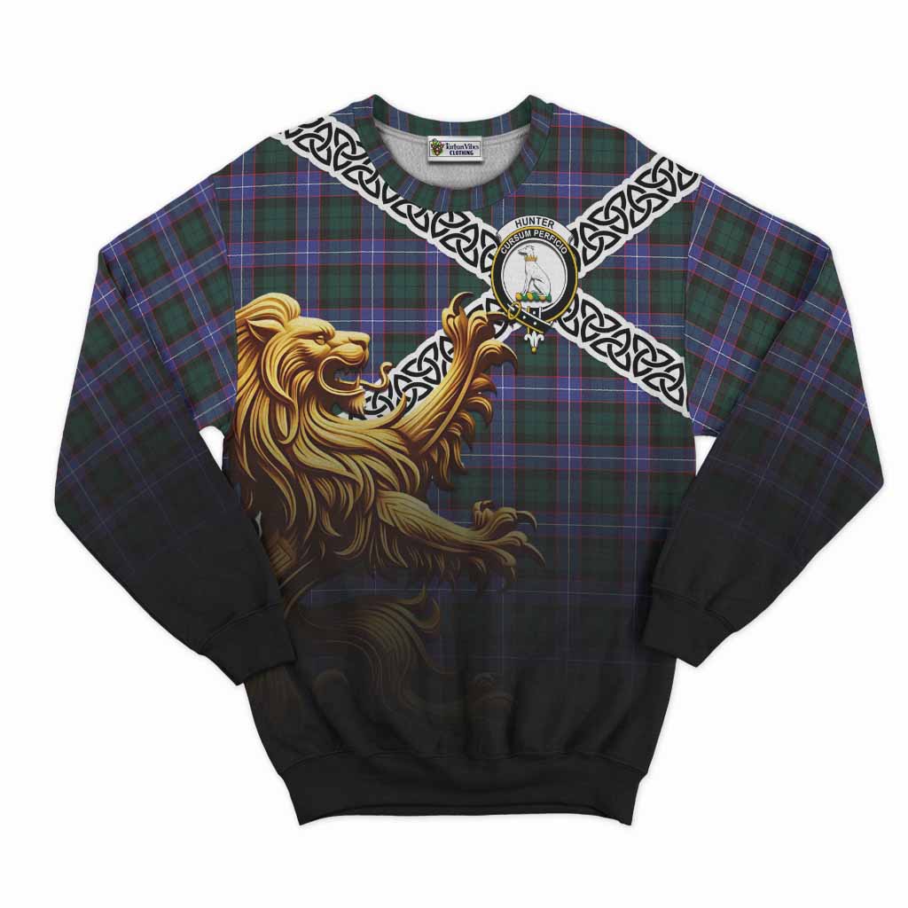 Hunter (Hunterston) Crest Tartan Sweatshirt with Golden Lion Emblem Celtic Style Unisex - Tartan Vibes Clothing
