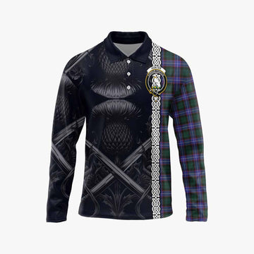 Hunter (Hunterston) Tartan Long Sleeve Polo Shirt with Family Crest Cross Sword Thistle Celtic Vibes