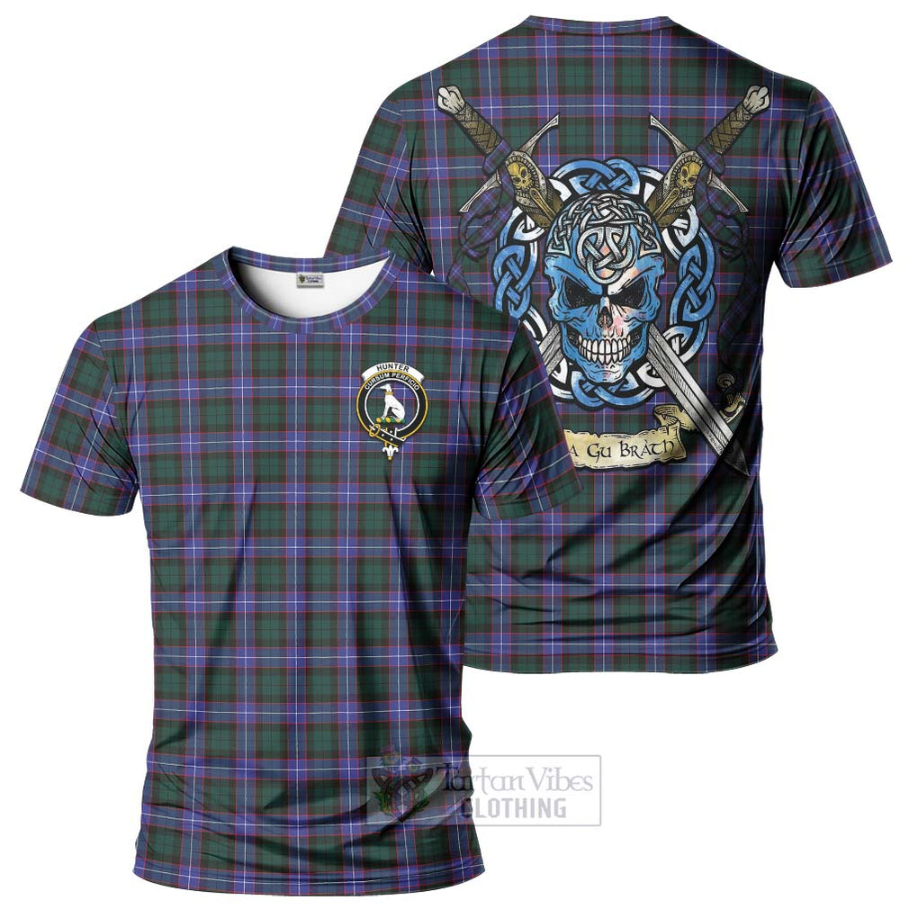 Tartan Vibes Clothing Hunter (Hunterston) Tartan T-Shirt with Family Crest Celtic Skull Style