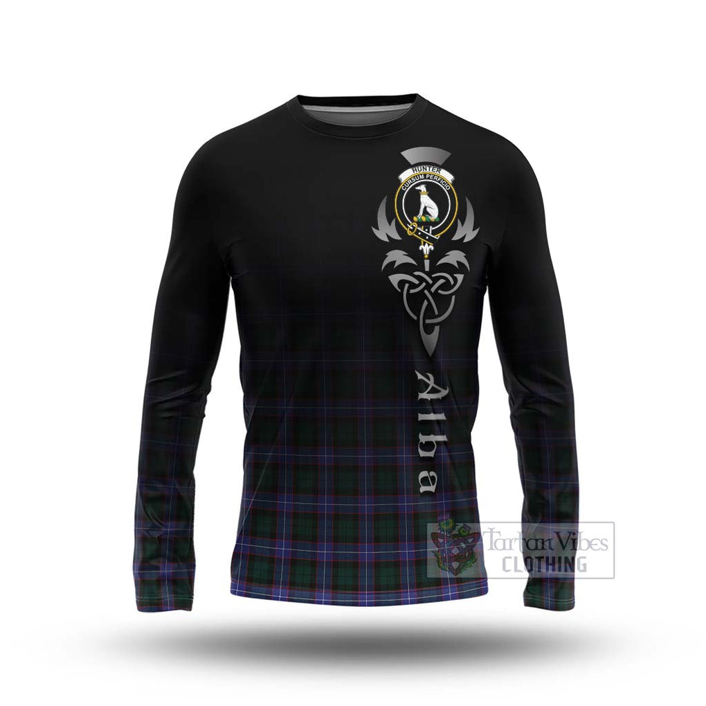 Tartan Vibes Clothing Hunter (Hunterston) Tartan Long Sleeve T-Shirt Featuring Alba Gu Brath Family Crest Celtic Inspired