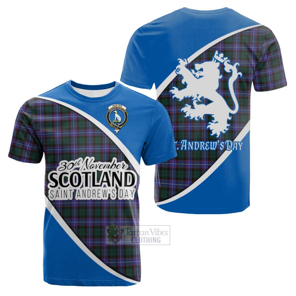 Tartan Vibes Clothing Hunter (Hunterston) Family Crest Tartan Cotton T-shirt Celebrate Saint Andrew's Day in Style