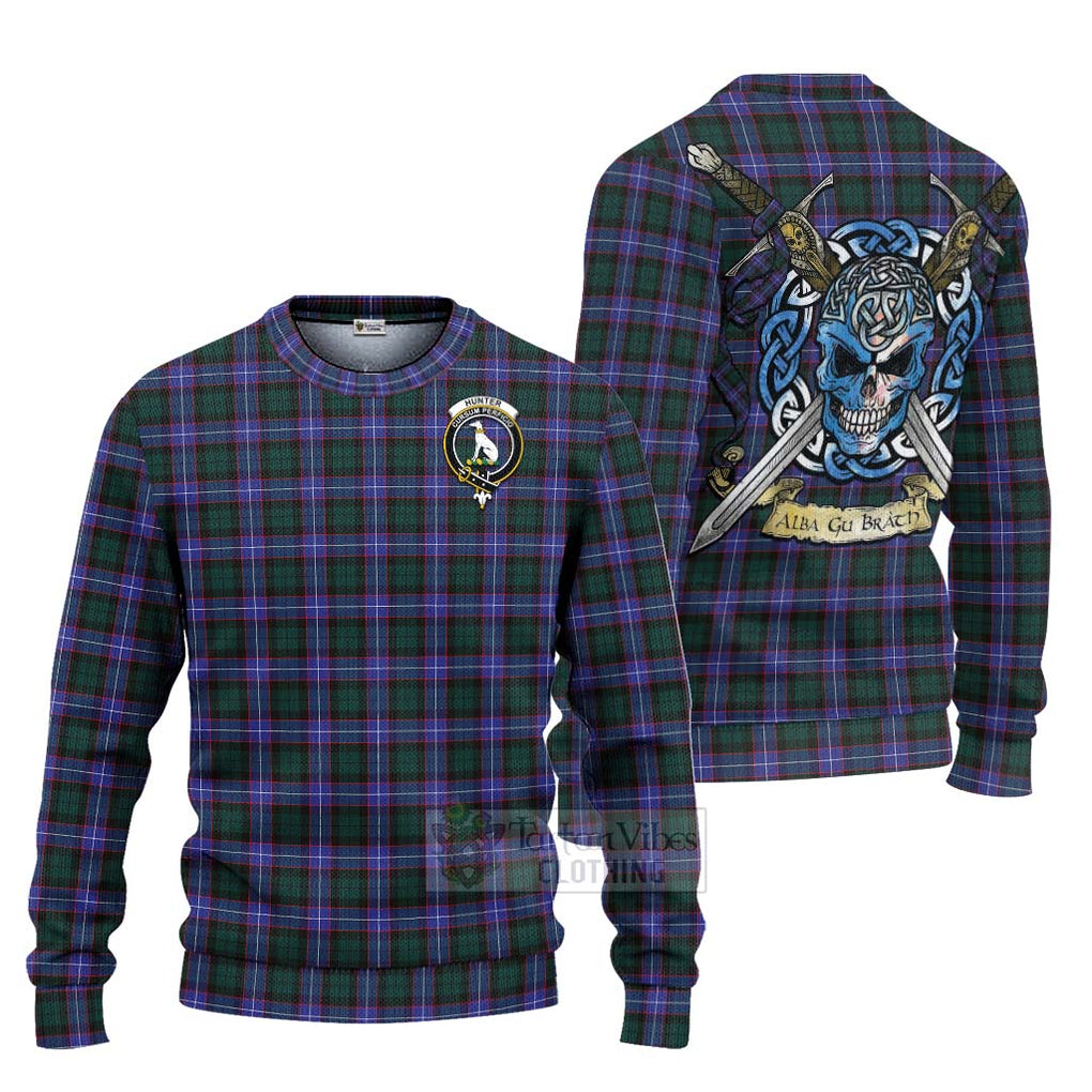 Tartan Vibes Clothing Hunter (Hunterston) Tartan Knitted Sweater with Family Crest Celtic Skull Style