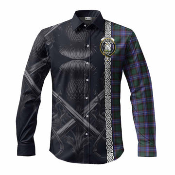 Hunter (Hunterston) Tartan Long Sleeve Button Shirt with Family Crest Cross Sword Thistle Celtic Vibes