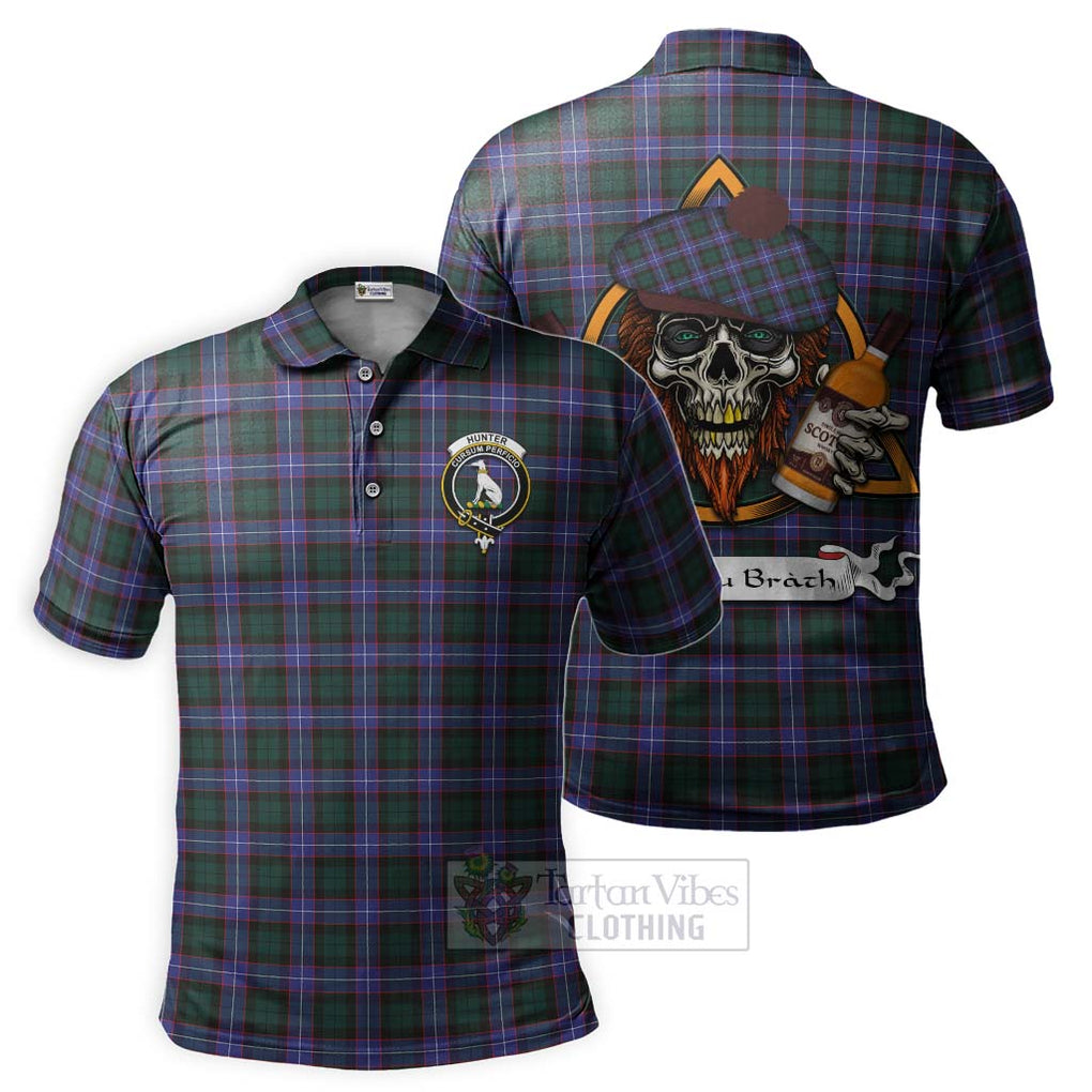 Tartan Vibes Clothing Hunter (Hunterston) Tartan Polo Shirt with Family Crest and Bearded Skull Holding Bottles of Whiskey