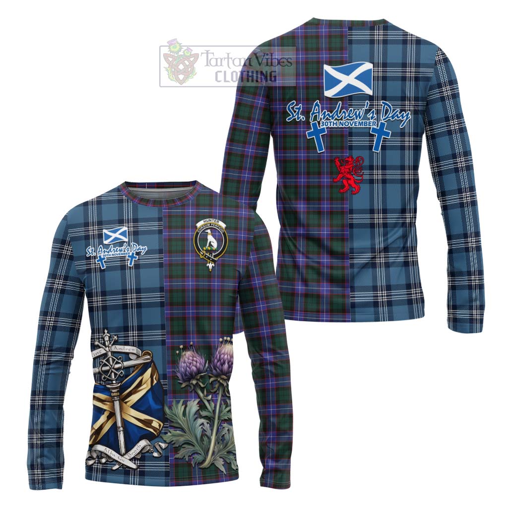 Tartan Vibes Clothing Hunter (Hunterston) Tartan Long Sleeve T-Shirt Happy St. Andrew's Day Half Tartan Style