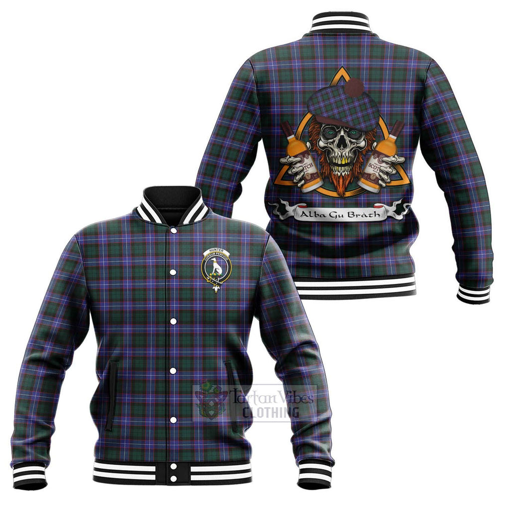 Tartan Vibes Clothing Hunter (Hunterston) Tartan Baseball Jacket with Family Crest and Bearded Skull Holding Bottles of Whiskey