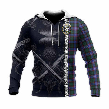 Hunter (Hunterston) Tartan Knitted Hoodie with Family Crest Cross Sword Thistle Celtic Vibes