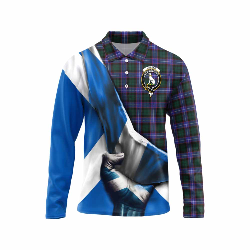 Tartan Vibes Clothing Hunter (Hunterston) Tartan Long Sleeve Polo Shirt with Family Crest Scotland Patriotic Style