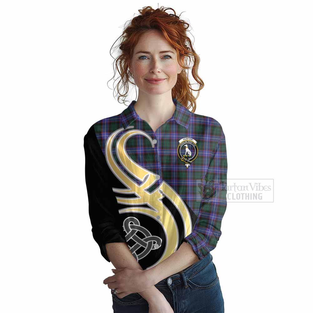 Tartan Vibes Clothing Hunter (Hunterston) Tartan Women's Casual Shirt with Family Crest and Celtic Symbol Style