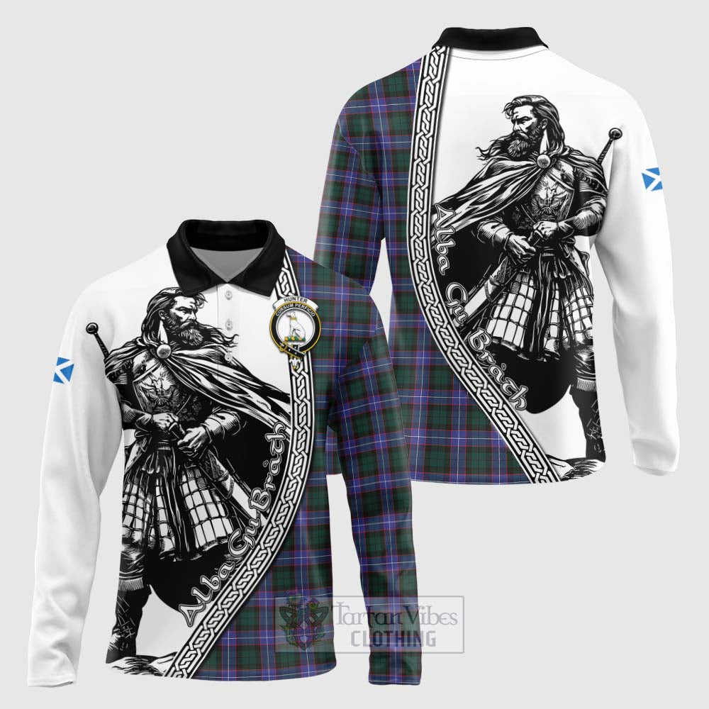 Hunter (Hunterston) Tartan Clan Crest Long Sleeve Polo Shirt with Highlander Warrior Celtic Style Unisex - Tartan Vibes Clothing