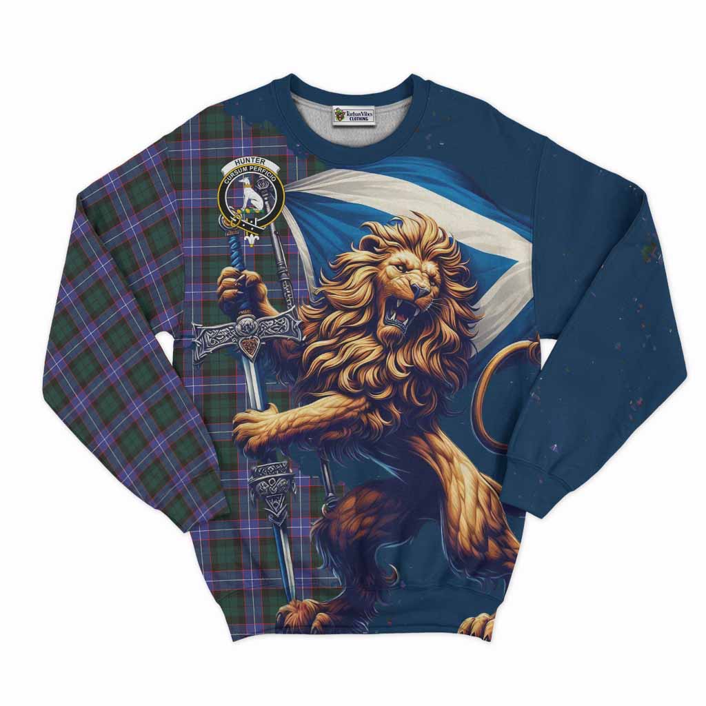 Tartan Vibes Clothing Hunter (Hunterston) Tartan Family Crest Sweatshirt with Scottish Majestic Lion