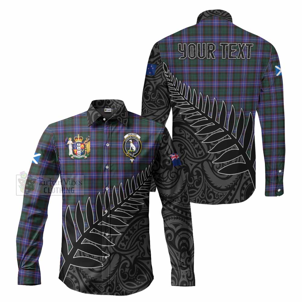 Tartan Vibes Clothing Hunter (Hunterston) Crest Tartan Long Sleeve Button Shirt with New Zealand Silver Fern Half Style