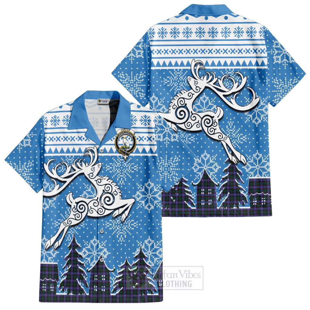 Tartan Vibes Clothing Hunter (Hunterston) Clan Christmas Short Sleeve Button Shirt Celtic Reindeer Style