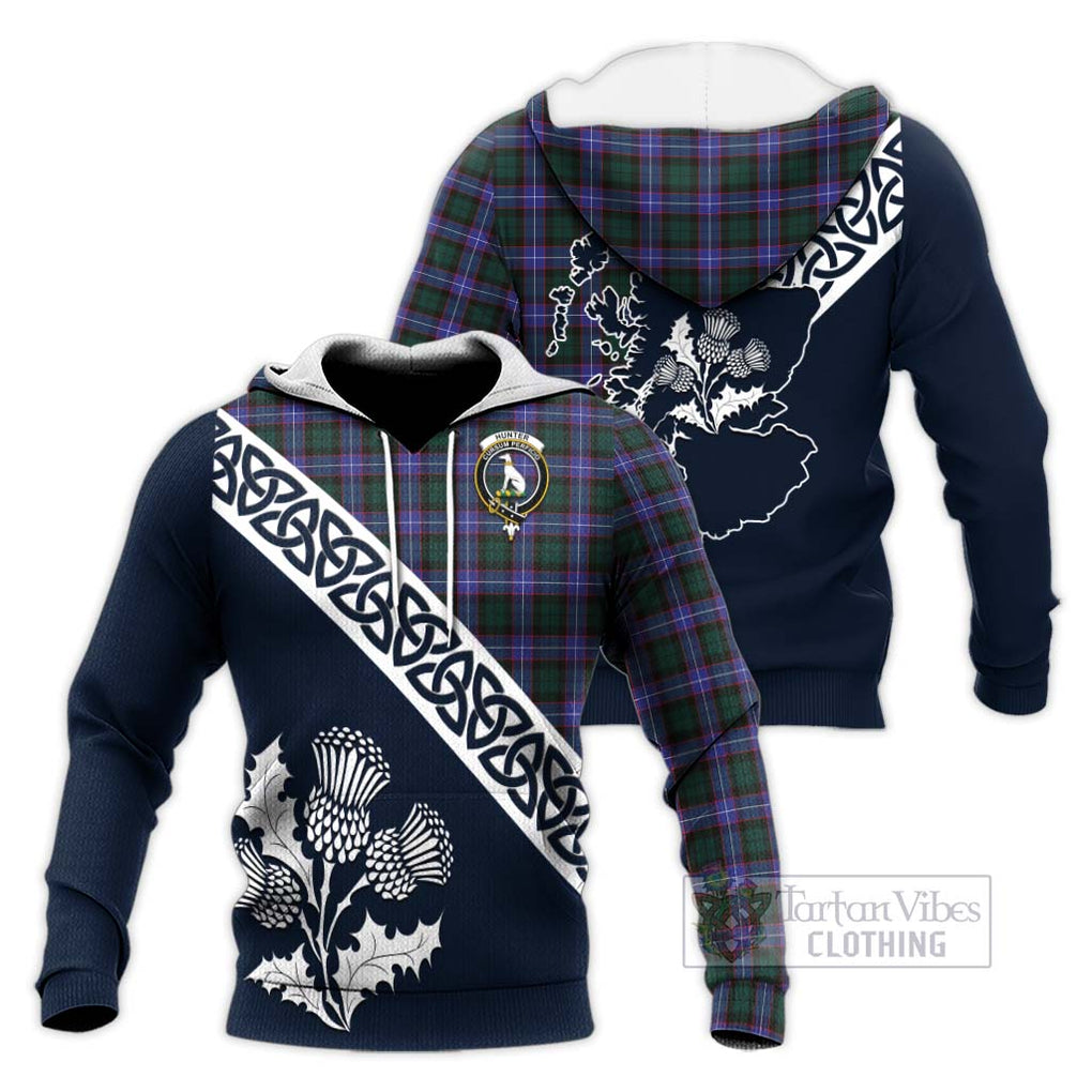 Tartan Vibes Clothing Hunter (Hunterston) Tartan Knitted Hoodie Featuring Thistle and Scotland Map