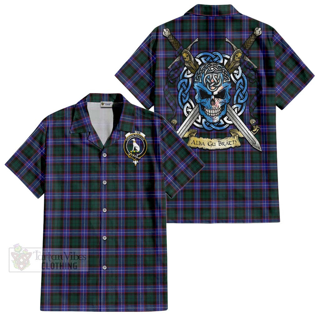 Tartan Vibes Clothing Hunter (Hunterston) Tartan Short Sleeve Button Shirt with Family Crest Celtic Skull Style