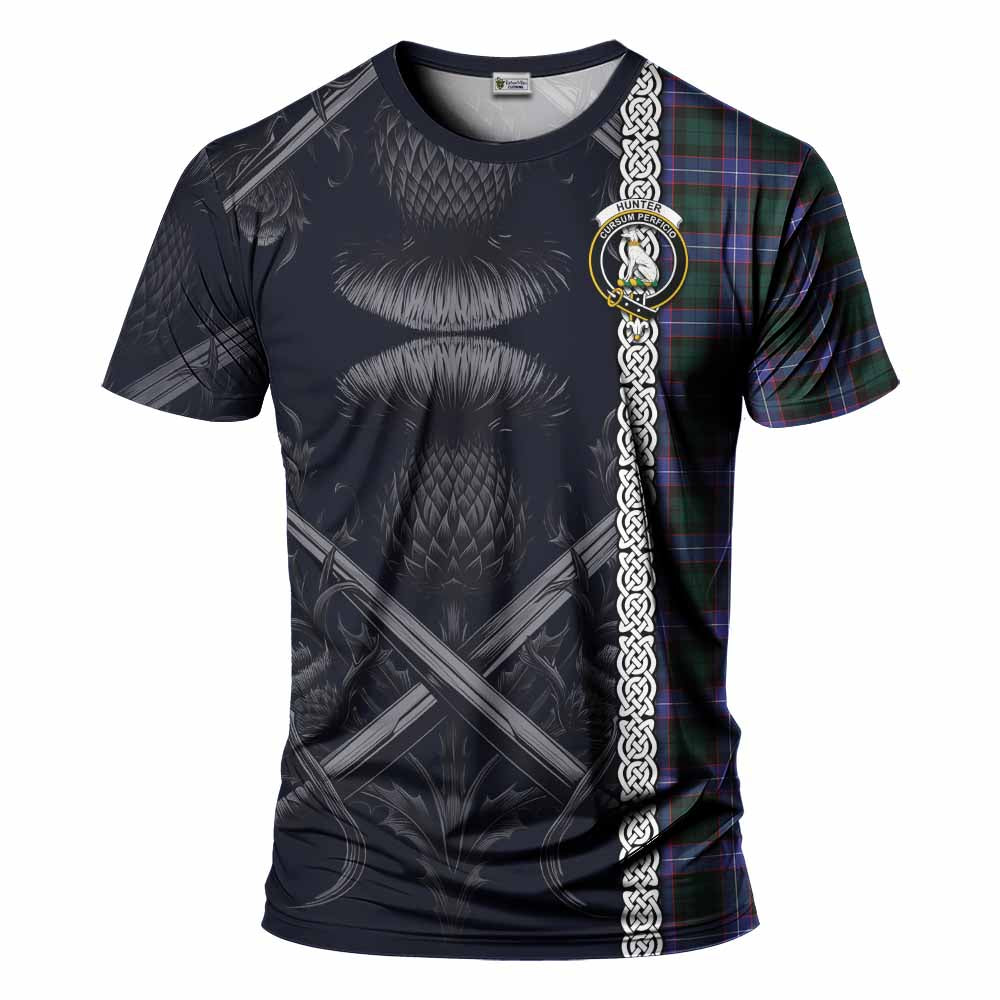 Tartan Vibes Clothing Hunter (Hunterston) Tartan T-Shirt with Family Crest Cross Sword Thistle Celtic Vibes