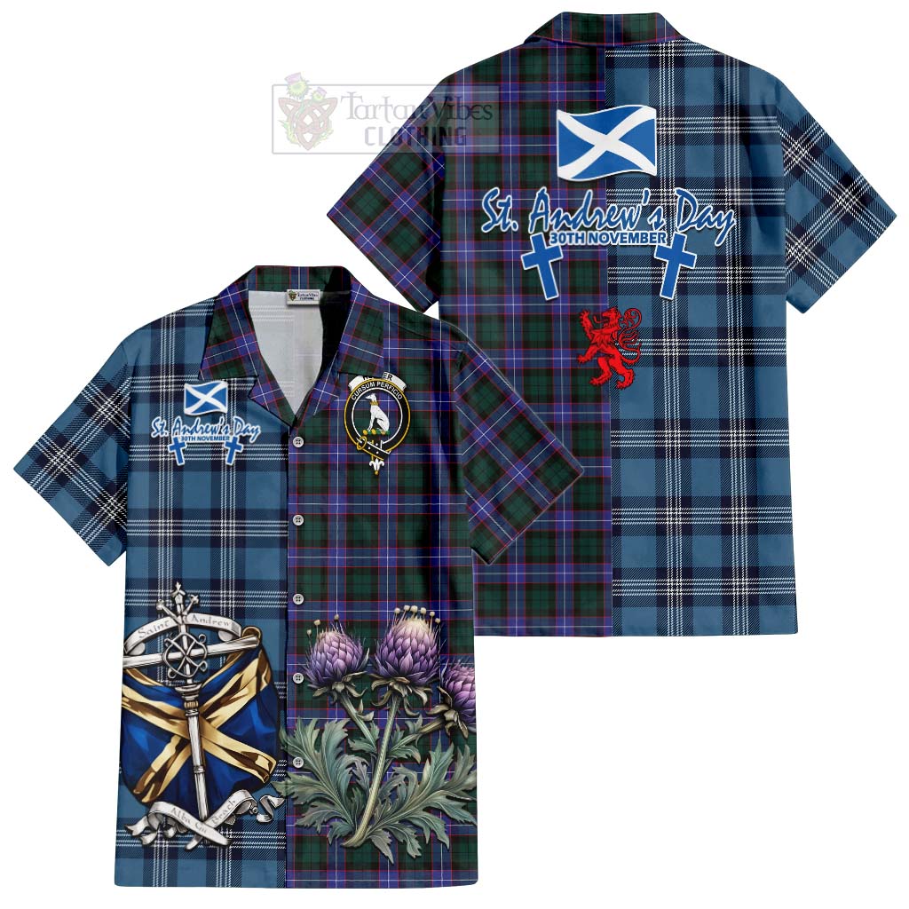 Tartan Vibes Clothing Hunter (Hunterston) Tartan Short Sleeve Button Shirt Happy St. Andrew's Day Half Tartan Style