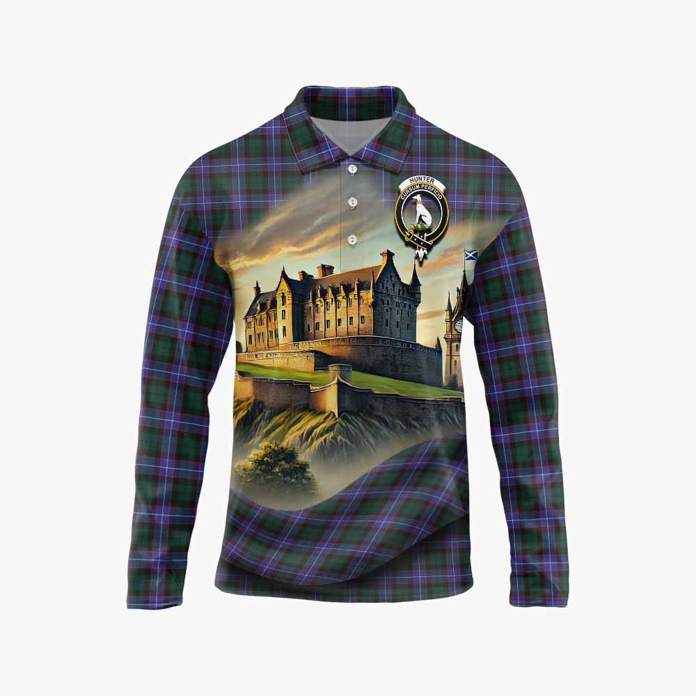 Hunter (Hunterston) Tartan Family Crest Long Sleeve Polo Shirt with Scottish Ancient Castle Style Unisex - Tartan Vibes Clothing