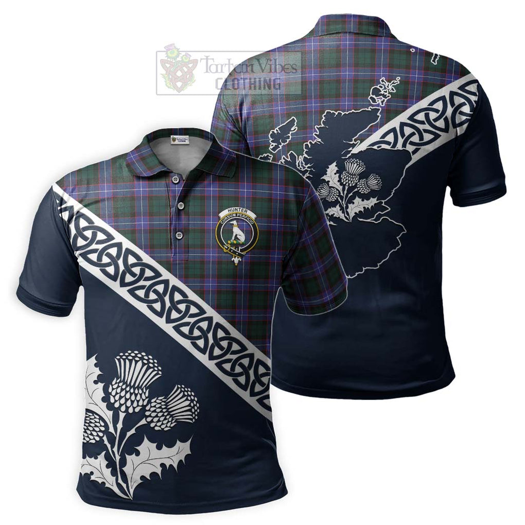 Hunter (Hunterston) Tartan Polo Shirt Featuring Thistle and Scotland Map