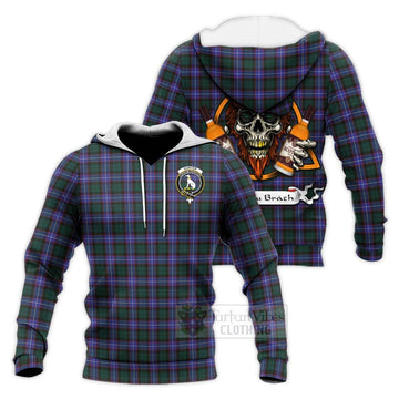 Hunter (Hunterston) Tartan Knitted Hoodie with Family Crest and Bearded Skull Holding Bottles of Whiskey