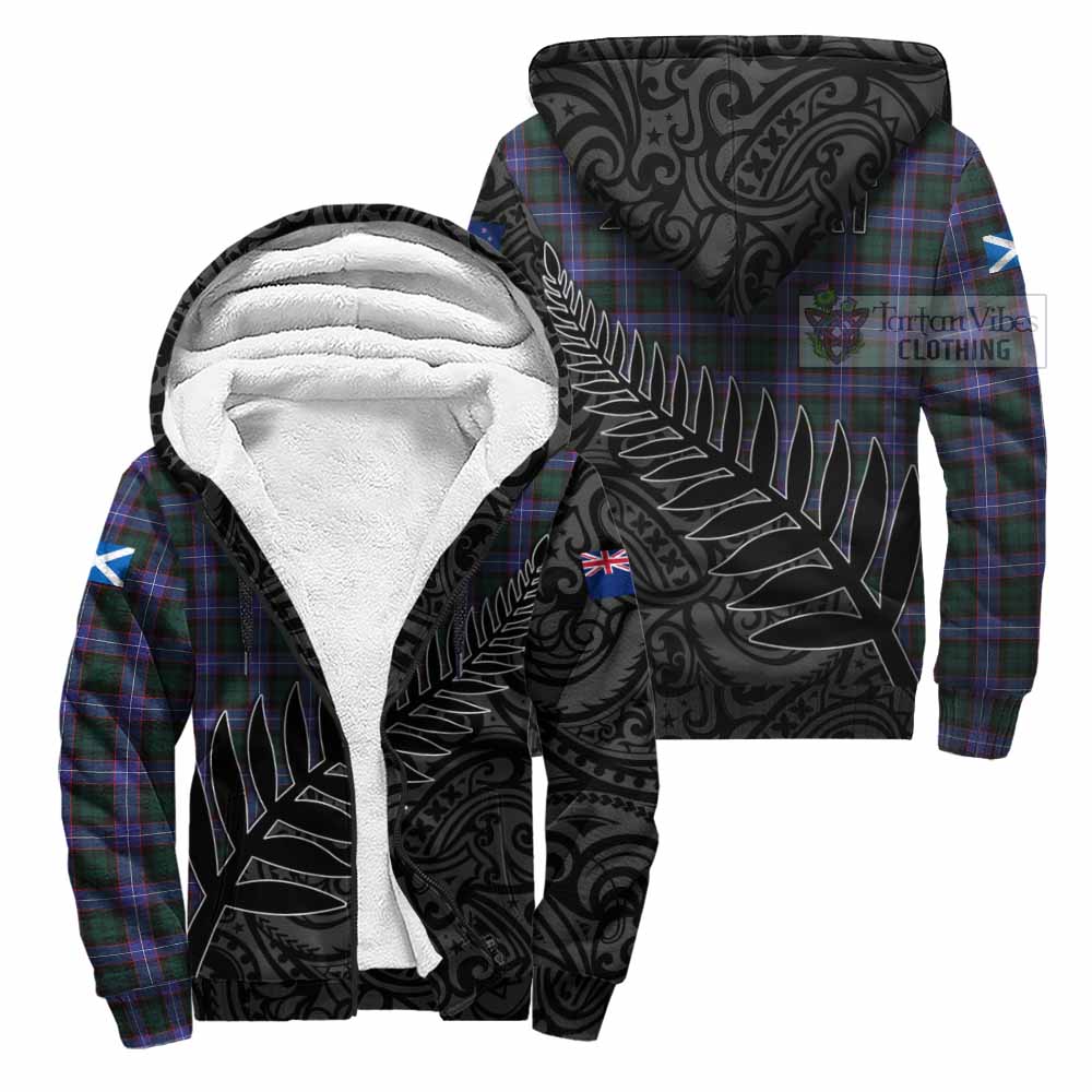 Tartan Vibes Clothing Hunter (Hunterston) Crest Tartan Sherpa Hoodie with New Zealand Silver Fern Half Style