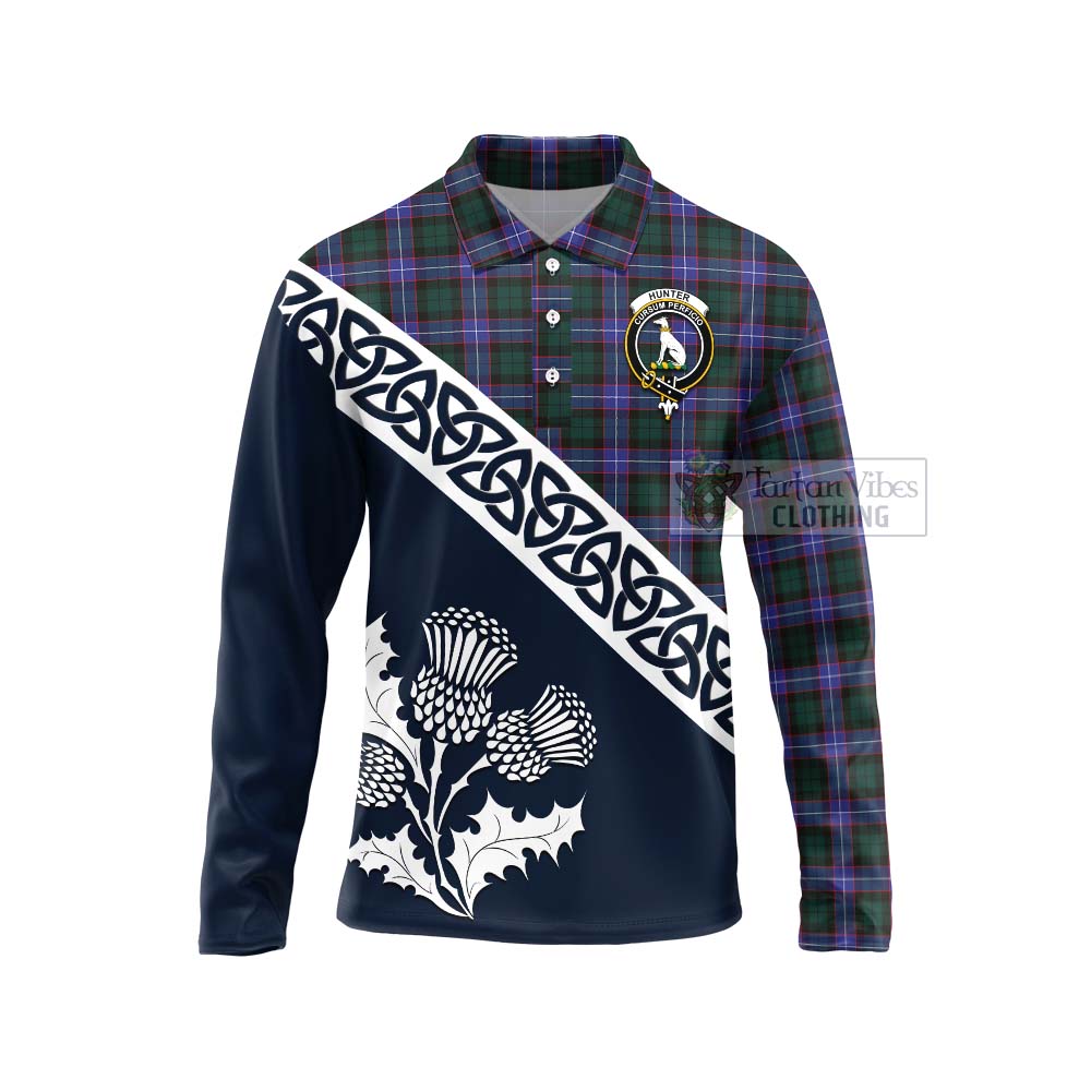 Tartan Vibes Clothing Hunter (Hunterston) Tartan Long Sleeve Polo Shirt Featuring Thistle and Scotland Map