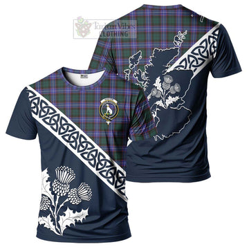 Hunter (Hunterston) Tartan T-Shirt Featuring Thistle and Scotland Map