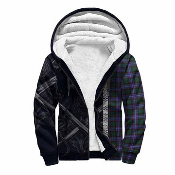 Hunter (Hunterston) Tartan Sherpa Hoodie with Family Crest Cross Sword Thistle Celtic Vibes