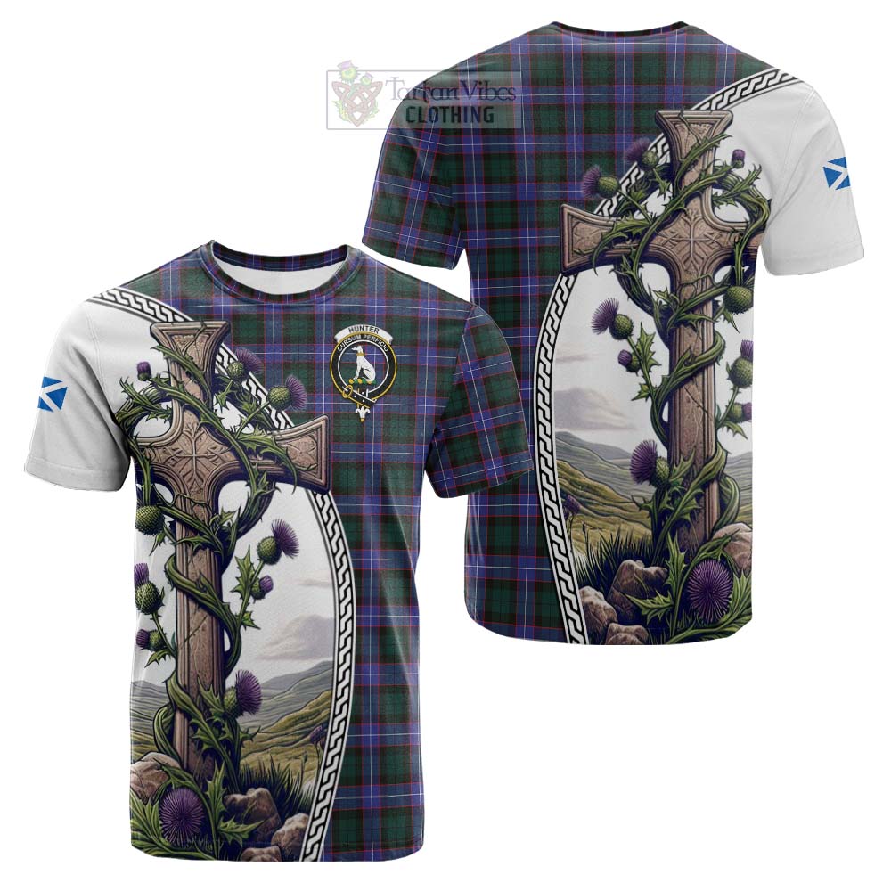 Tartan Vibes Clothing Hunter (Hunterston) Tartan Cotton T-shirt with Family Crest and St. Andrew's Cross Accented by Thistle Vines