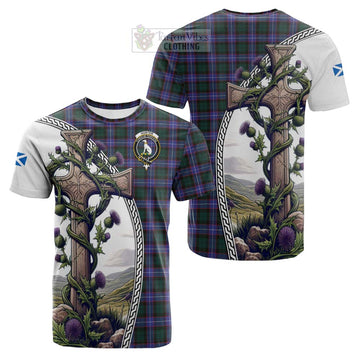 Hunter (Hunterston) Tartan Cotton T-shirt with Family Crest and St. Andrew's Cross Accented by Thistle Vines