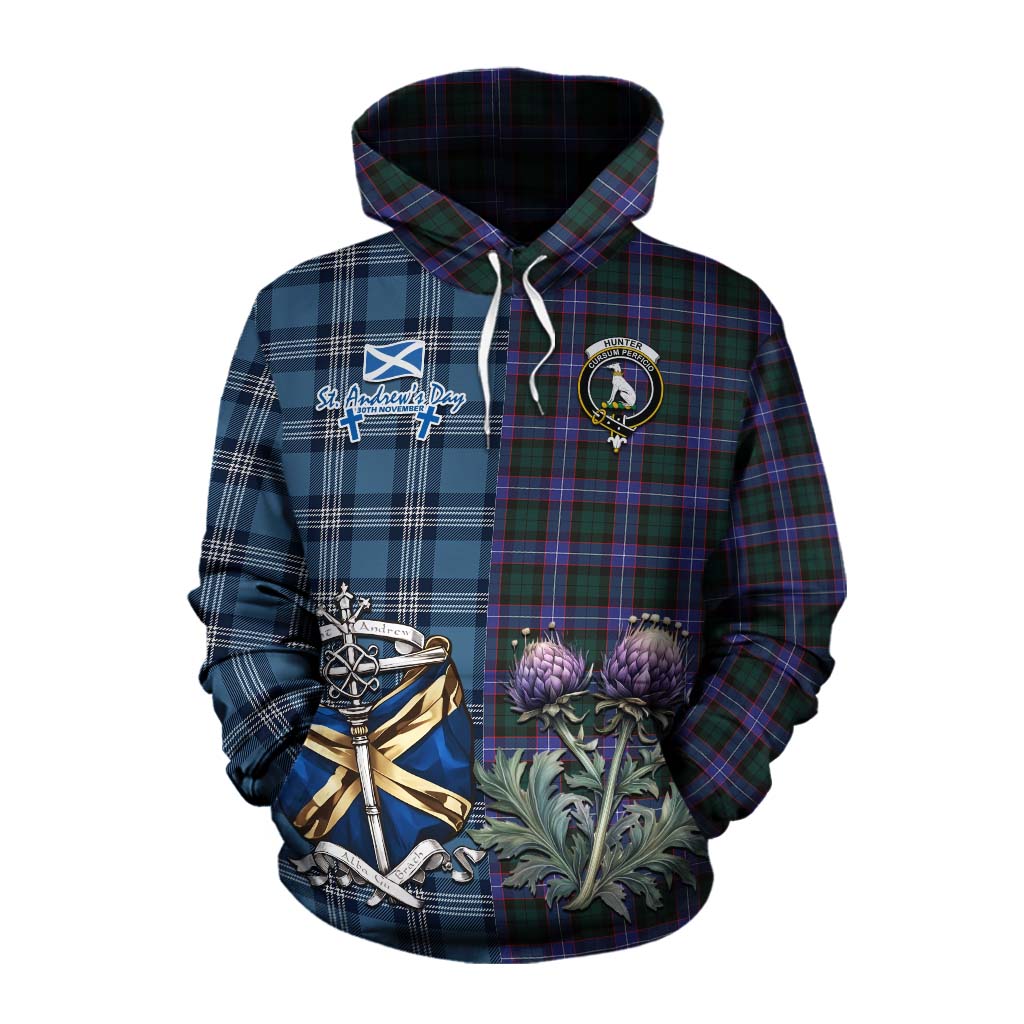 Tartan Vibes Clothing Hunter (Hunterston) Tartan Cotton Hoodie Happy St. Andrew's Day Half Tartan Style