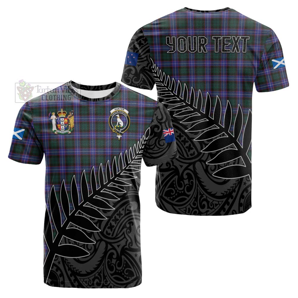 Tartan Vibes Clothing Hunter (Hunterston) Crest Tartan Cotton T-shirt with New Zealand Silver Fern Half Style