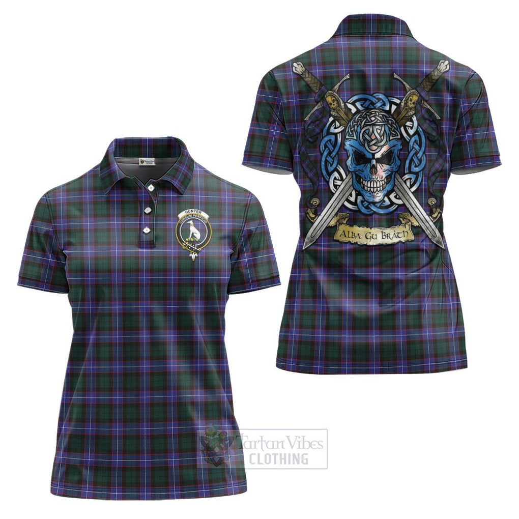 Tartan Vibes Clothing Hunter (Hunterston) Tartan Women's Polo Shirt with Family Crest Celtic Skull Style