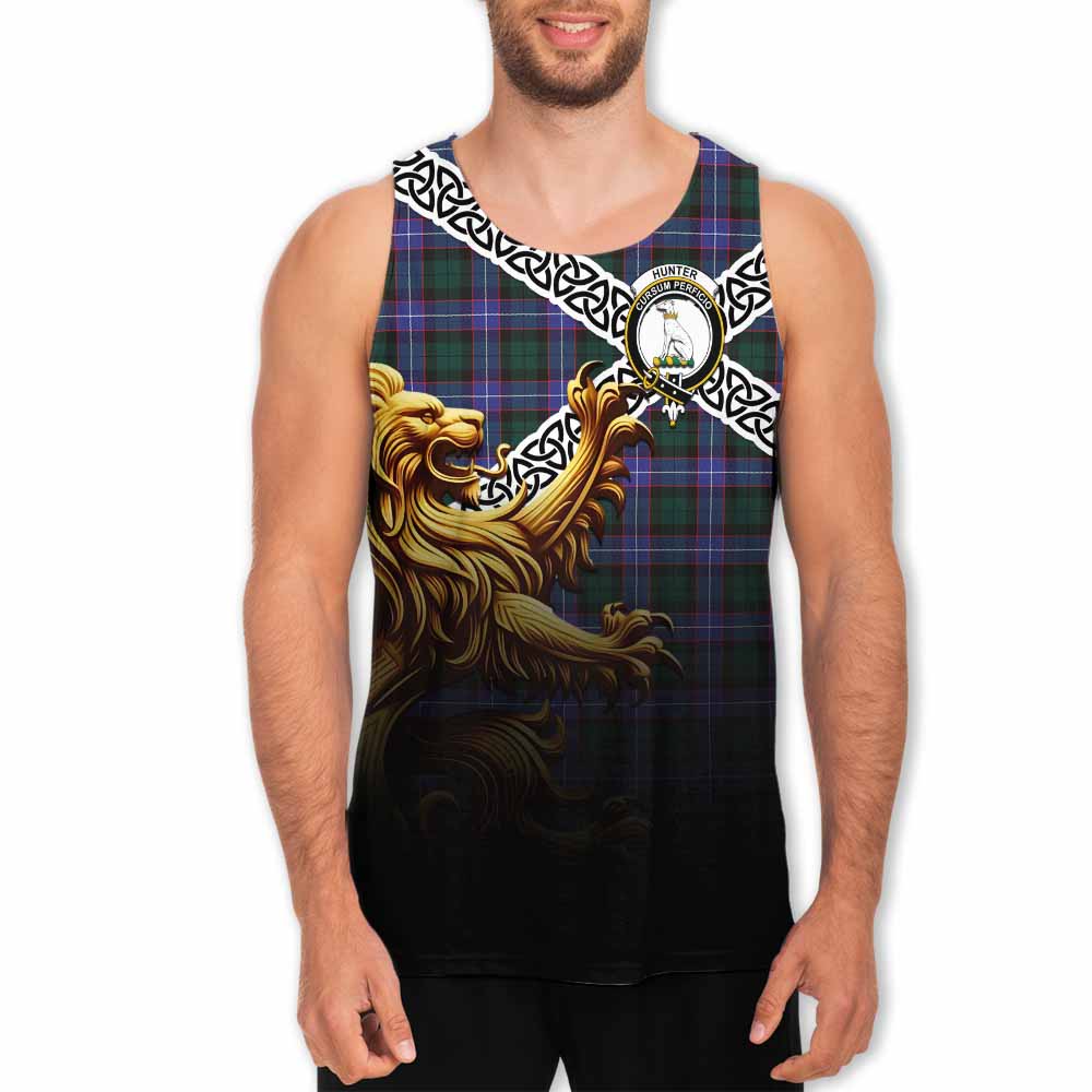 Hunter (Hunterston) Crest Tartan Men's Tank Top with Golden Lion Emblem Celtic Style Men - Tartan Vibes Clothing