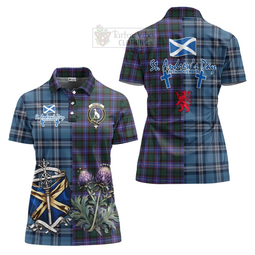 Tartan Vibes Clothing Hunter (Hunterston) Tartan Women's Polo Shirt Happy St. Andrew's Day Half Tartan Style